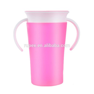 New design rotating magic prevent leaking 260ml plastic 360 degree miracle sippy cup with handle