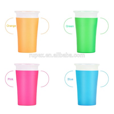 China factory new design magic anti spill 260ml plastic 360 degree rotation baby sippy cup