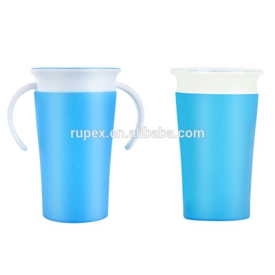 New design rotation magic leakproof 260ml plastic 360 degree miracle water trainer cup with double handle