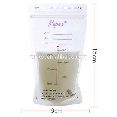 2018 top sale wholesale prevent leak 200ml soft plastic breastmilk storage pouch with zipper